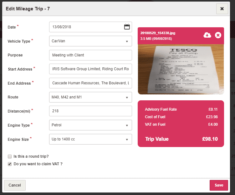 KashFlow Mileage attach receipts.