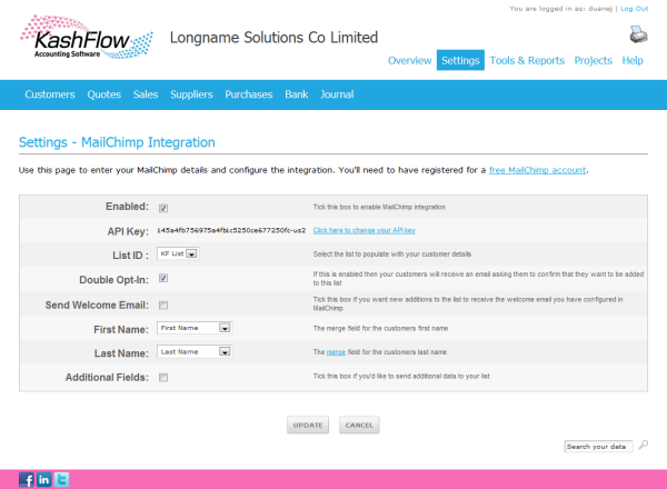 KashFlow - MailChimp Settings