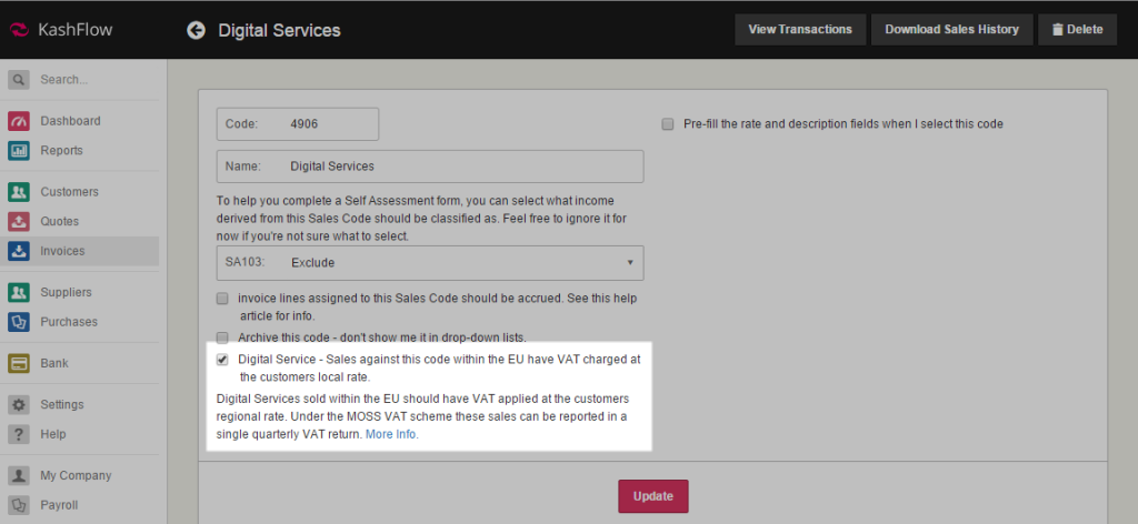 Digital Service sales code setting